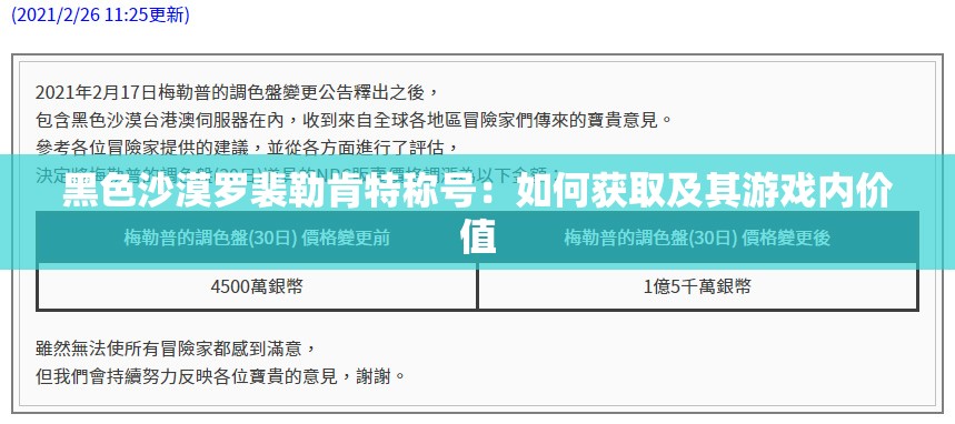 黑色沙漠罗裴勒肯特称号：如何获取及其游戏内价值